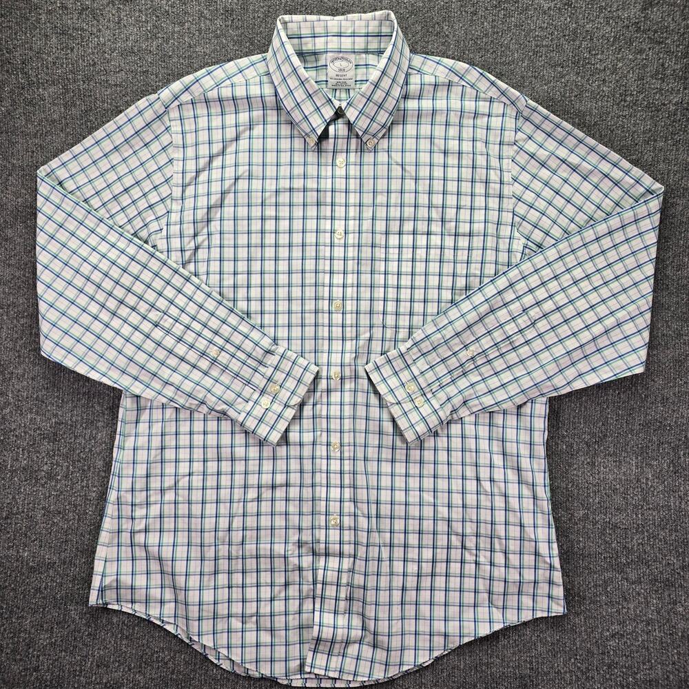 Brooks Brothers Shirt Mens Large White Blue Plaid Regent Fit Cotton Button Down